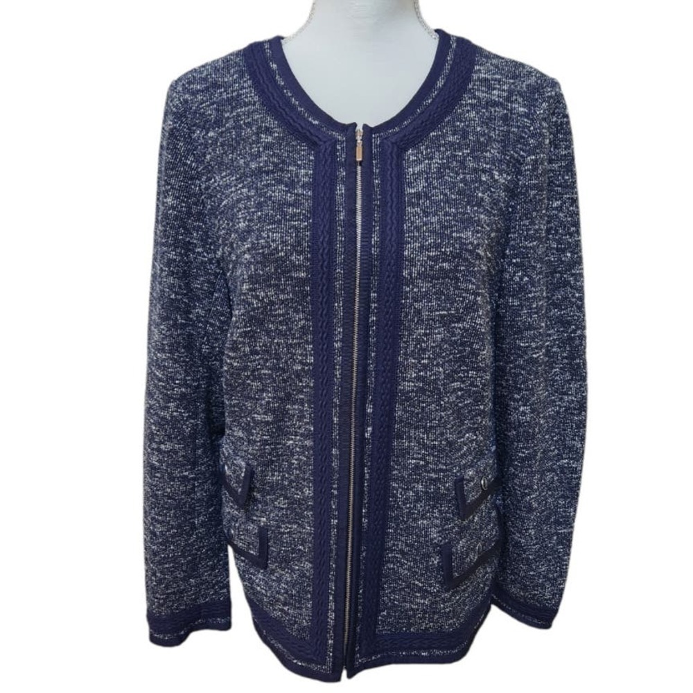 Talbot's Woman Navy Blue and White Collarless Zip Up Blazer, 14W NWT